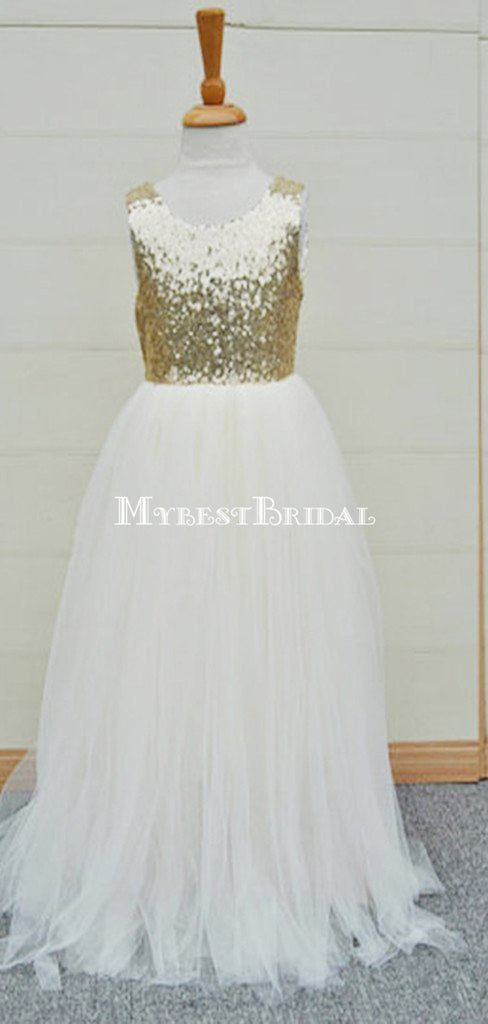 Gold Sequin Top White Tulle Cute Flower Girl Dresses For Wedding Party, FGY0123