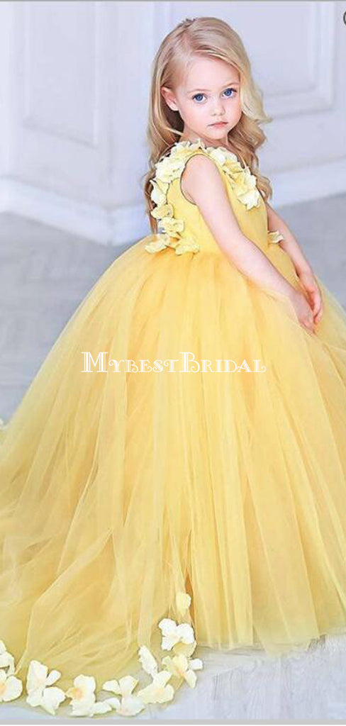 V-Neck Sweep Train Yellow Tulle Flower Girl Dress with Flowers,Cheap Flower Girl Dresses ,FGY0237