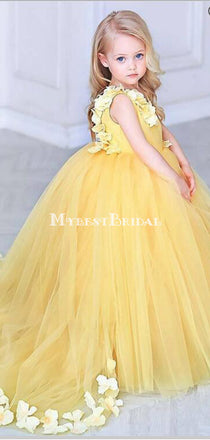 V-Neck Sweep Train Yellow Tulle Flower Girl Dress with Flowers,Cheap Flower Girl Dresses ,FGY0237