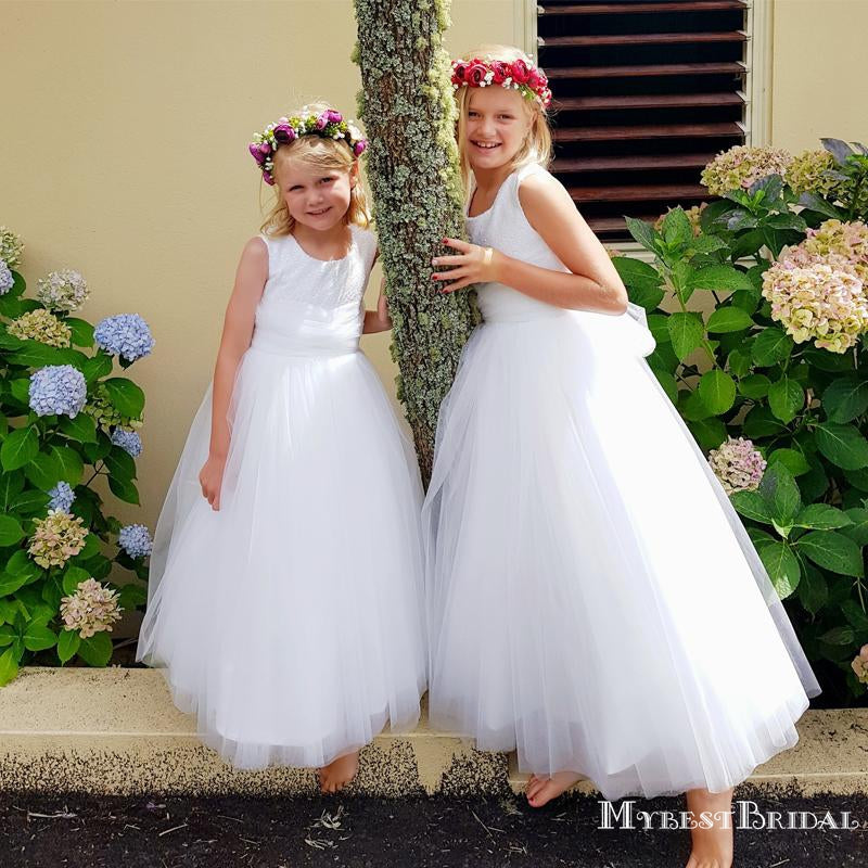 Popular Round Neckline White Tulle Long Cheap Flower Girl Dresses, FGS0004