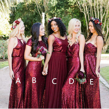 Unique Custom Mismatched Dark Red Sequin Long Affordable Bridesmaid Dresses,Bridesmaid Gown,WGY0166