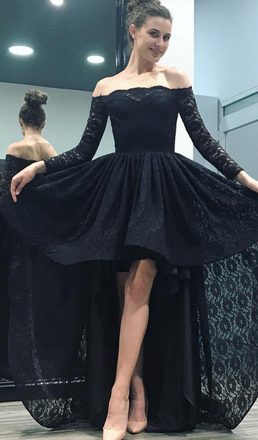 Hi-low Off Shoulder Long Sleeve Lace Prom Dresses, Newest Cheap Prom Dresses, BG0352
