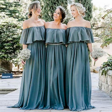 Off-the-Shoulder Ruffled Dusty Blue Bridesmaid Dresses,Cheap Bridesmaid Dresses,WGY0263