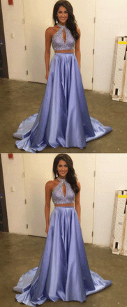 Two Piece Beaded Purple Satin Prom Dresses ,Cheap Prom Dresses,PDY0428