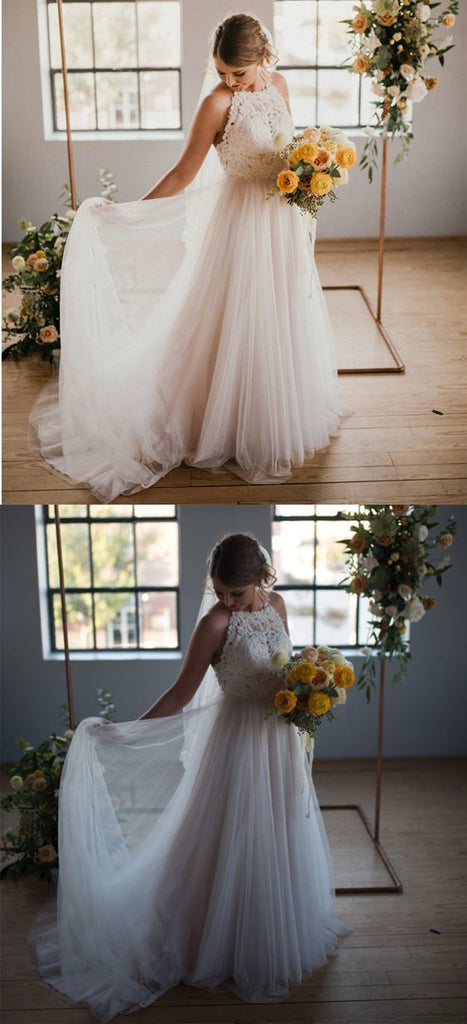 Stunning A-Line Round Neck Sweep Train Tulle Lace Long Wedding Dresses, Bridal Dress WDY0164