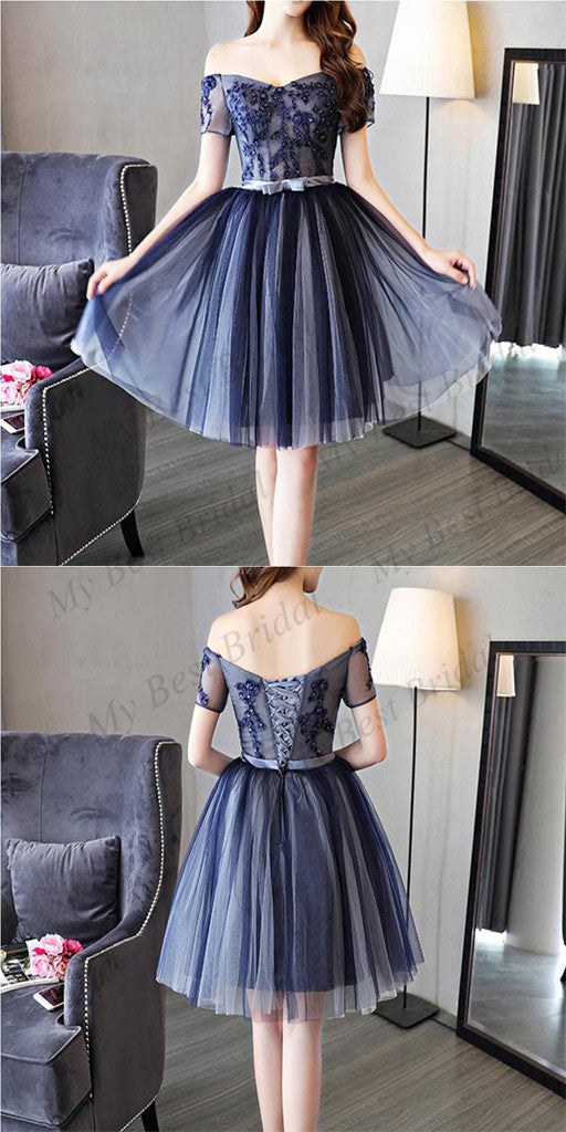 Attractive A-line Tulle Dark Blue Sleeveless  Short Homecoming Dress With Beading ,BDY0163