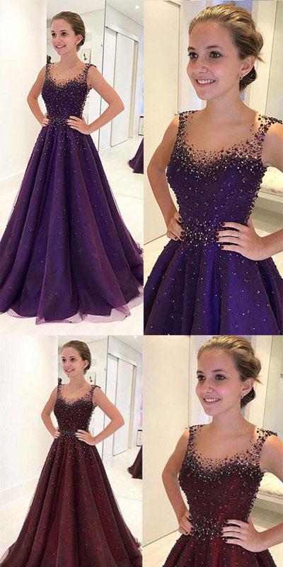 Sparkly Burgundy Round Neck Tulle Beads  Long Prom,Evening Dress.PDY0239