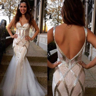 Sleeveless Tulle Mermaid Sequin Backless Long Prom Dress, Formal Evening Gowns,PDY0294