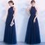 Drak Blue Tulle High Neck Long Prom Dress/Brideamaid Dress With Beadings.PDY0249