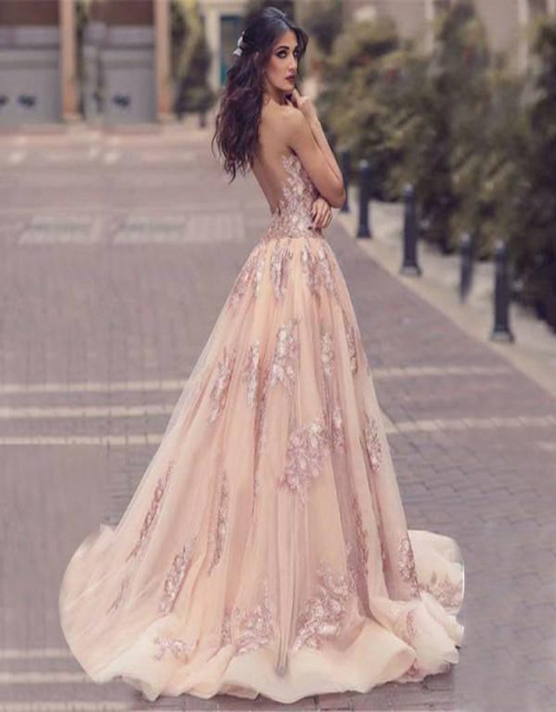Charming Sweep Train Deep V Neck Pink Tulle Prom Dress with Lace Appliques,Evening Party Dresses,PDY0257