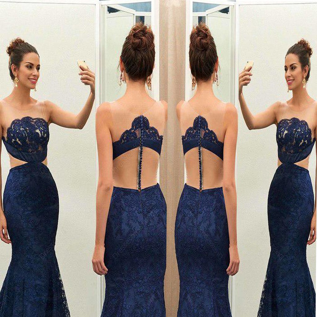 Unique Navy Blue Lace See-through Round Neck Mermaid Floor-length Prom Dress ,Evening Party Dresses,PDY0259
