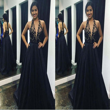 Halter Deep V-Neck Open Back Embroidery Satin A-Line Prom Dress, Floor Length Prom Dress, Prom Dress,  PDY0220