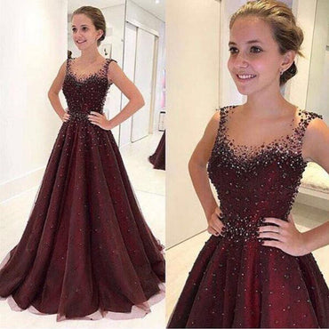 Sparkly Burgundy Round Neck Tulle Beads  Long Prom,Evening Dress.PDY0239