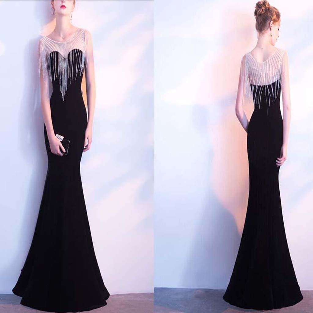 Illusion Neckline Black Mermaid Sexy Tassel  Affordable Prom Dresses, Evening Party Dresses,PDY0256