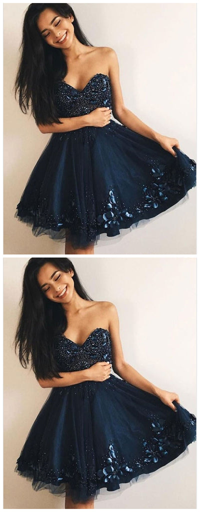 A-Line Sweetheart Navy Blue Tulle Homecoming Dress ,Short Prom Dresses,BDY0364