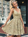 Elegant V-neck Straps All Over Lace Gold Homecoming Dresses, TYP0048