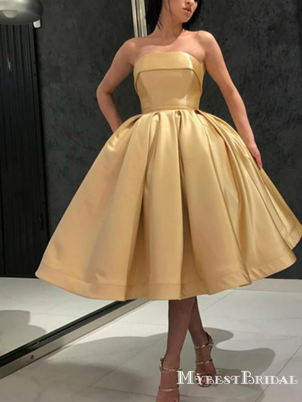 Simple A-Line Strapless Tea-Length Gold Satin Homecoming Dresses, TYP0052