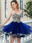 Sweetheart Gold Lace Beaded Blue Short Cheap Homecoming Dresses Online, BDY0346