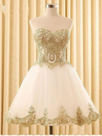 Sweetheart Gold Lace White Tulle Short Cheap Homecoming Dresses Online, BDY0351