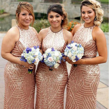 Gold Sequin Mermaid Halter Cheap Long Bridesmaid Dresses Online, WGY0228