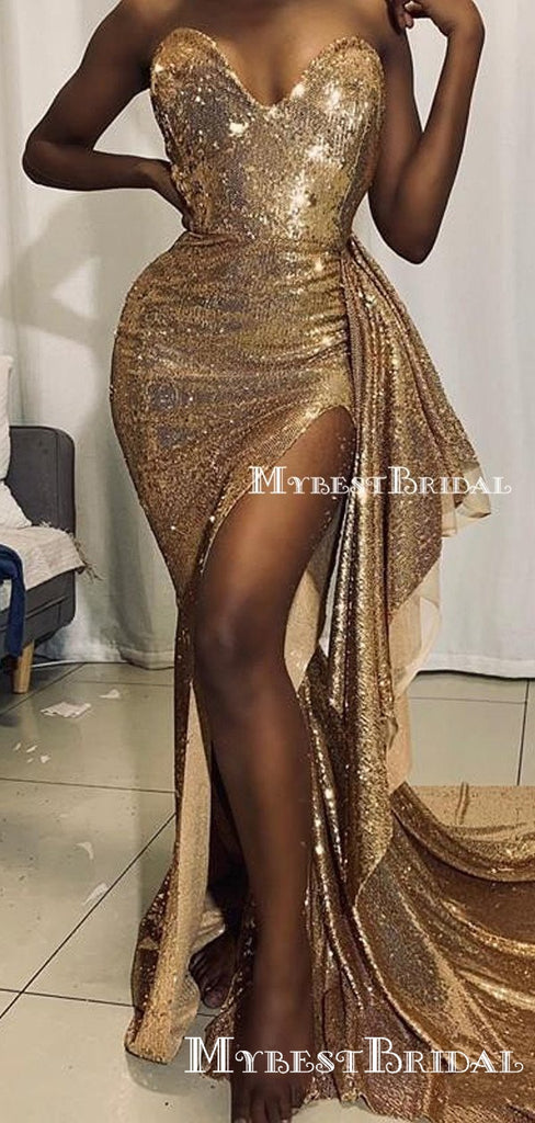 Newest Sweetheart Sexy Sparkly Gold Sequin High Side Slit Long Cheap Mermaid Prom Dresses, PDS0015