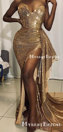 Newest Sweetheart Sexy Sparkly Gold Sequin High Side Slit Long Cheap Mermaid Prom Dresses, PDS0015