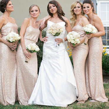 Spaghetti Straps Cheap Long Sequin Gold Bridesmaid Dresses With Sleeves, WGY0285