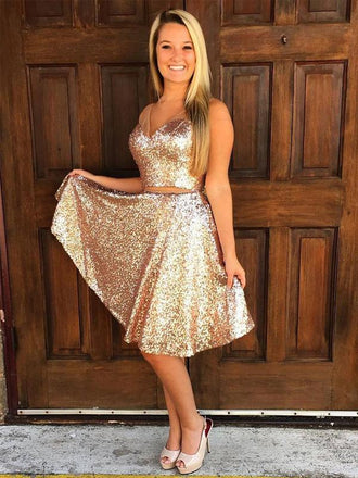 Sparkly Simple V Neck Cheap Two Piece Sequin Homecoming Dresses 2018, BDY0261