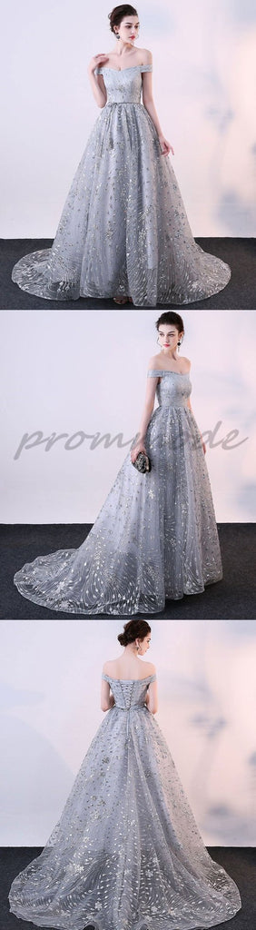 Elegant Gary Tulle Off Shoulder Long Evening Gowns,Prom Dresses,Party Dresses,PDY0348