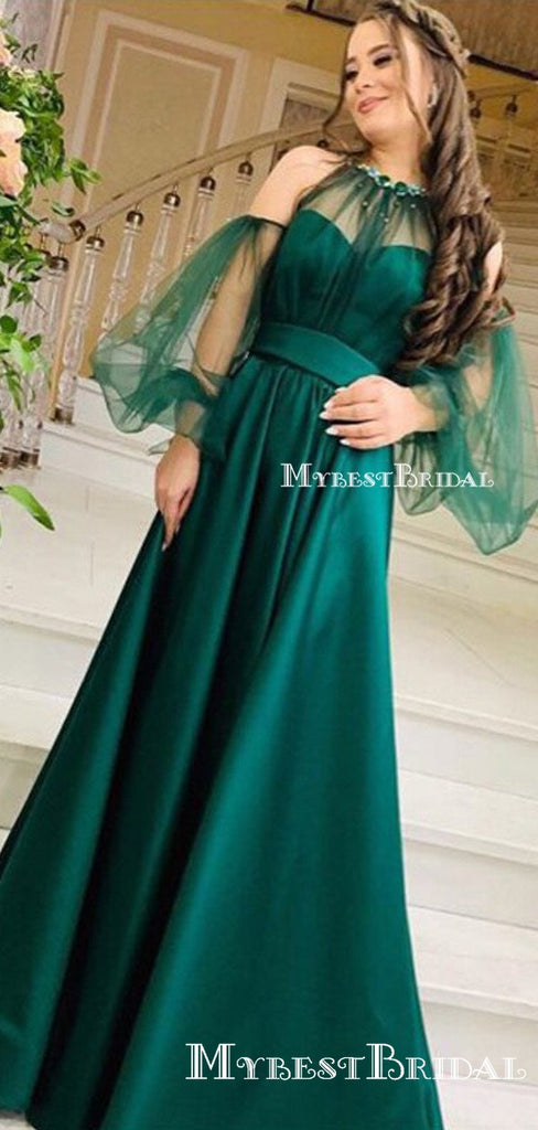 Charming New Arrival Halter Long Sleeves Green Satin A-line Long Cheap Evening Party Prom Dresses, PDS0010