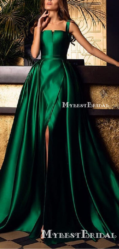 Simple Charming Square Strapless Green Satin A-line Long Cheap Prom Dresses With Side Slit, PDS0002