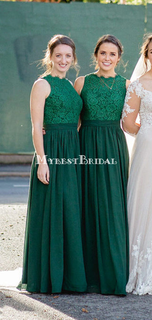 A-line Green Tulle Top Lace Long Cheap Bridesmaid Dresses, BDS0097