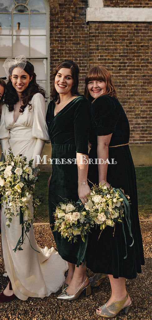 Charming V-neck Short Sleeve Green Velvet Cheap Bridesmaid Dresses, BDS0122