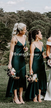 Simple Spaghetti Strap Green Elestic Silk Long Cheap Bridesmaid Dresses, BDS0125