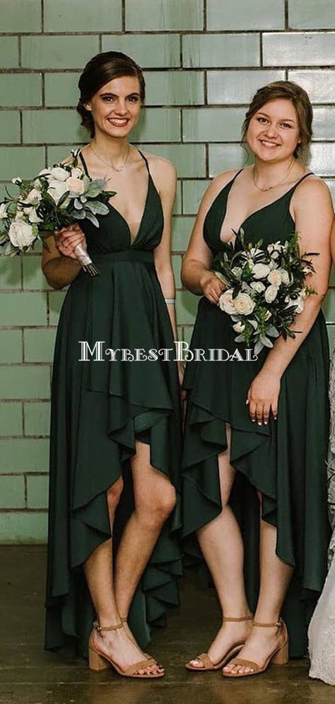Spaghetti Strap V-neck Dark Green High Low A-line Cheap Bridesmaid Dresses, BDS0115
