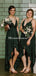 Spaghetti Strap V-neck Dark Green High Low A-line Cheap Bridesmaid Dresses, BDS0115