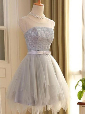 Grey Scoop Neck Lace Beaded Homecoming Dresses 2018, BDY0209