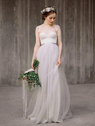 Simple Illusion Spahgetti Straps Tulle A-line Wedding Dresses Online, WDY0238