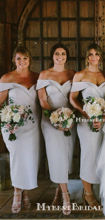 Off-The-Shoulder Charming Simple Mermaid Tea-Length Long Cheap Bridesmaid Dresses, BDS0034