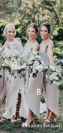 Mismatched Grey Halter Double Fdy A-line Long Cheap Bridesmaid Dresses, BDS0074