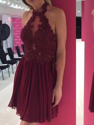 Sexy Backless Halter Chiffon Short Cheap Dark Red Homecoming Dresses 2018, BDY0322