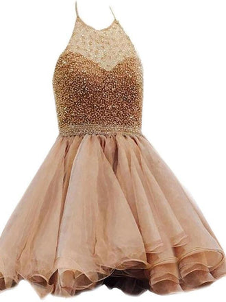 Halter Beaded Organza Short Cheap Homecoming Dresses 2018, BDY0208