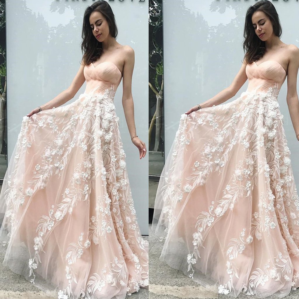 Princess A-Line Sweetheart Blush Pink Tulle Long Prom Dress with Flowers,Evening Party Dresses,PDY0258
