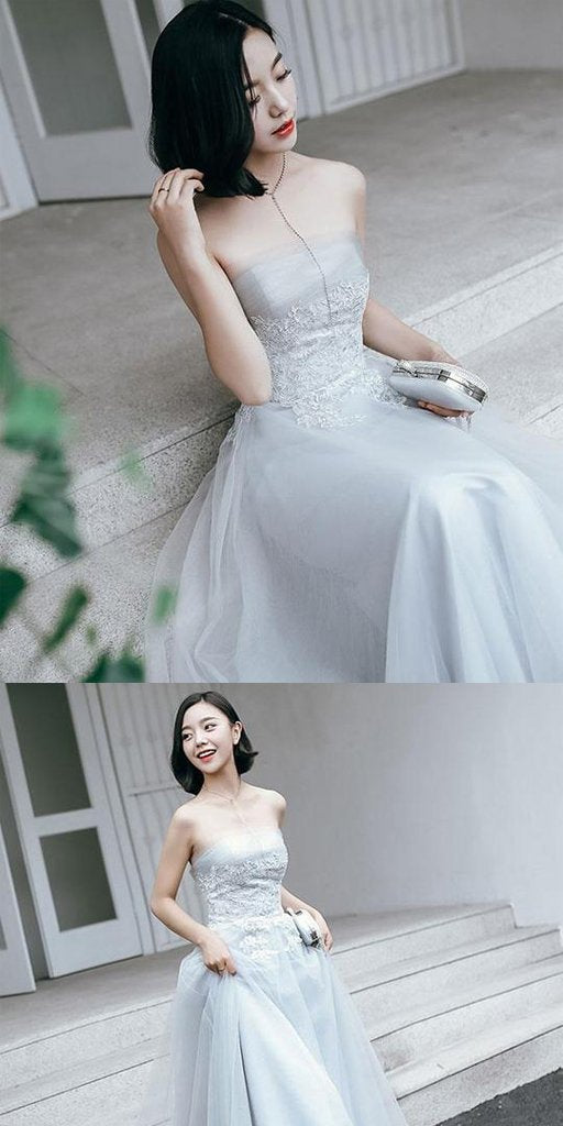 Elegant Gray Blue Strapless Tulle Long Evening Gowns,Prom Dresses,Party Dresses,PDY0346