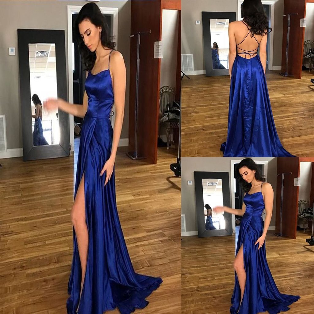 Royal Blue Satin Open Back Lace Up Long Slit Prom Dress, Evening Dress,Party Prom Dresses,PDY0211