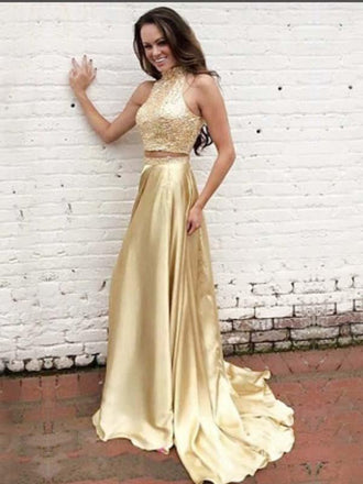 Two Piece High Neck Gold Satin Prom Dressses ,Cheap Prom Dresses,PDY0434