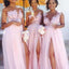 Cheap Lace Applique Pink Chiffon Slit Long Bridesmaid Dress,Cheap Bridesmaid Dresses,WGY0202