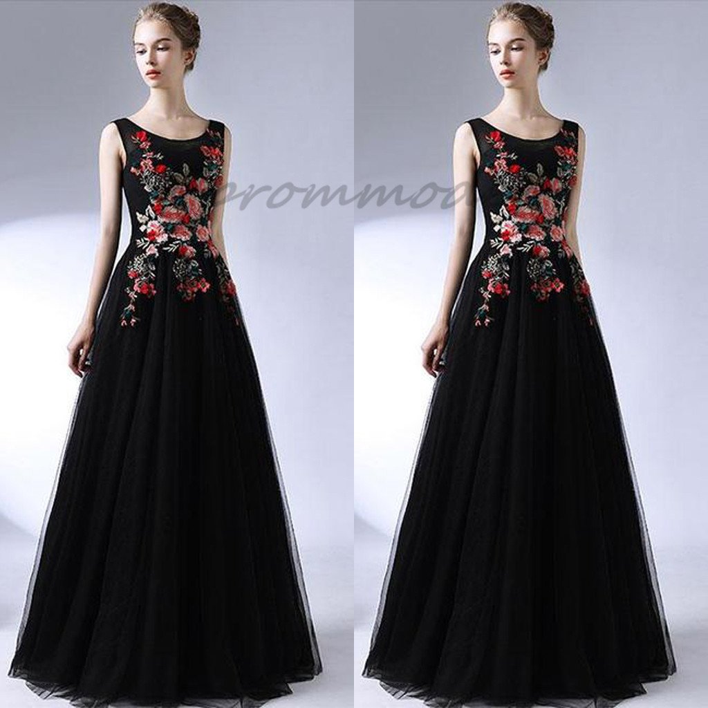 Blcak Round Neck Long Prom Dresses With Embroidery, Evening Dresses,Party Dresses,PDY0350