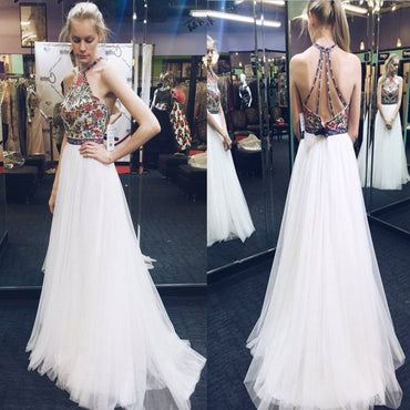 White Halter Backless Princess Prom Dresses For Teens,Cheap Evening Dresses,Simple Evening Party Dresses,PDY0263