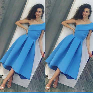Tea Length Blue One Shoulder Prom Dresses,Formal Occasion Dress,New Evening Dress,PDY0301